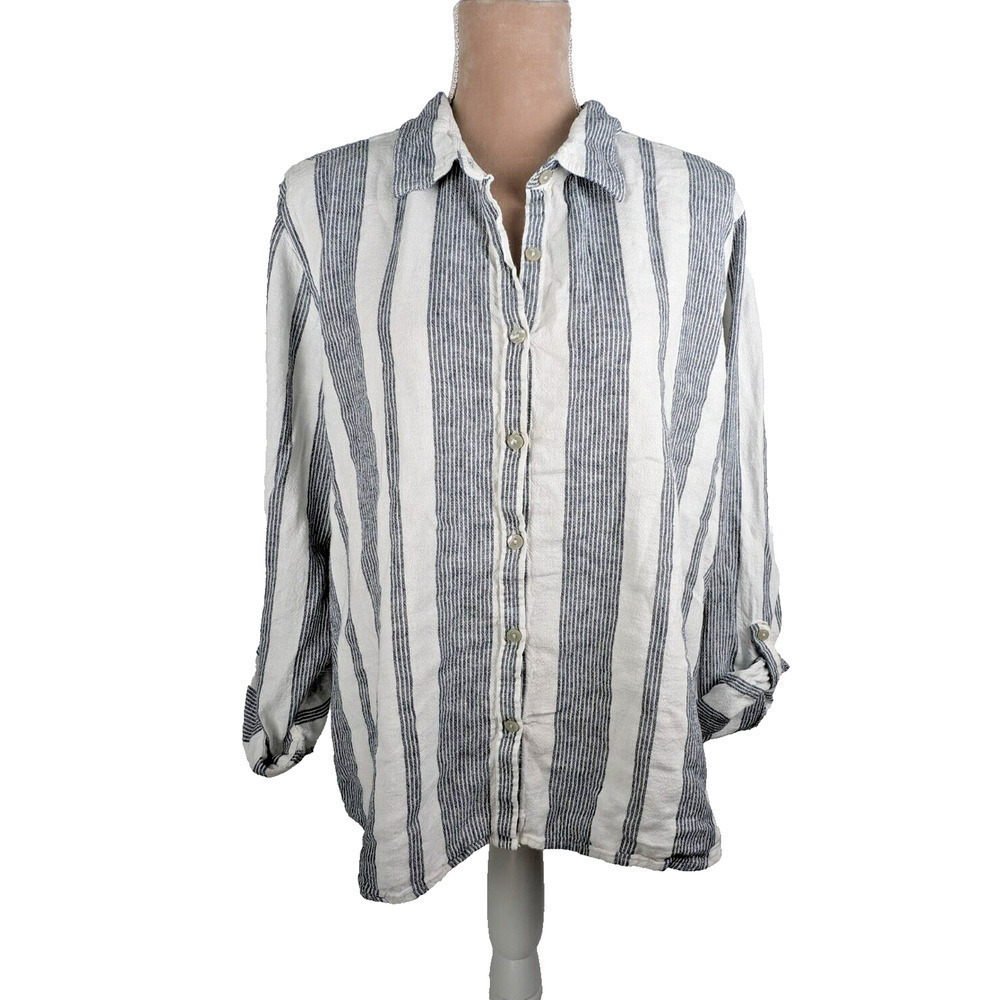 Orvis Women's Long Sleeve White Gray Striped Button Down Linen Blend Shirt XXL